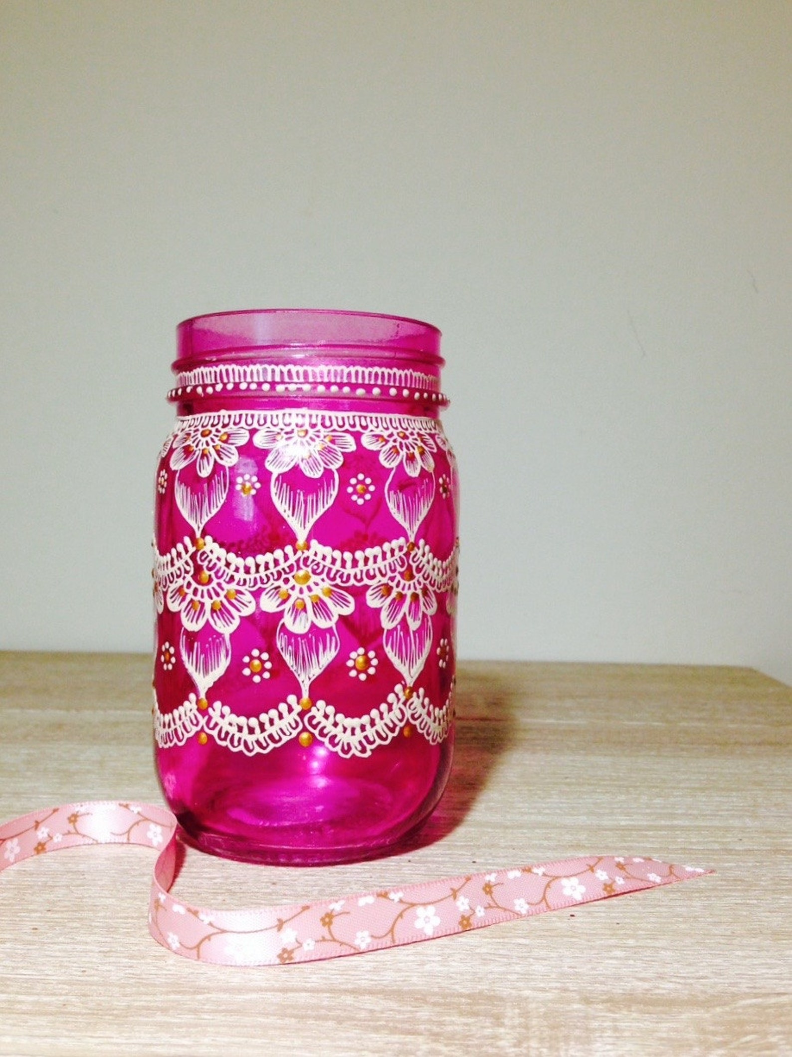 Pink Glass Jar With White Lace Like Design Hand Painted. Can Etsy Canada