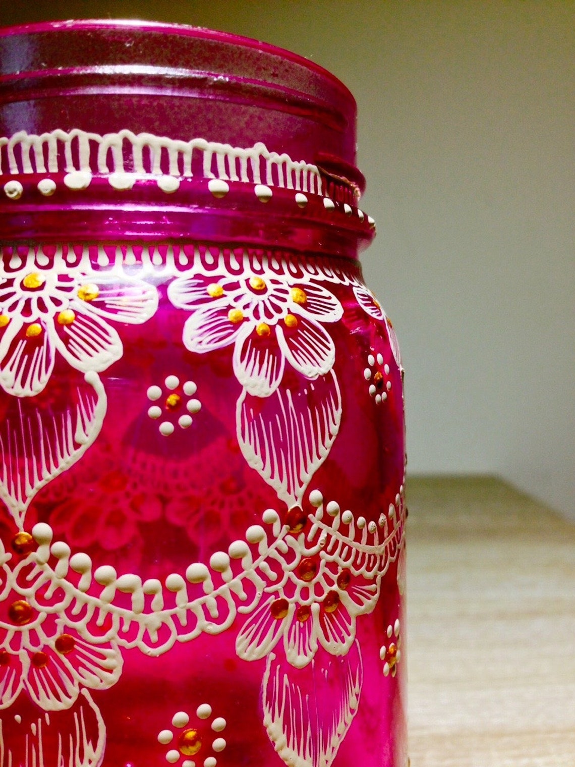 Pink Glass Jar With White Lace Like Design Hand Painted. Can Etsy Canada