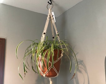 Boho Handmade Macrame Plant Hanger - Natural Cotton, Wood & Antique Beads