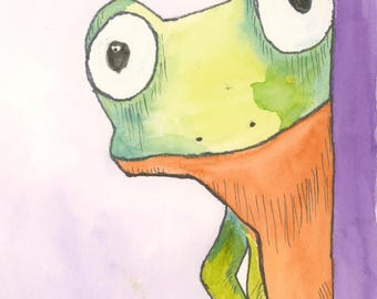 Jumper The Frog Watercolor Print by Claudia Buchanan, Whimsical Watercolor Painting