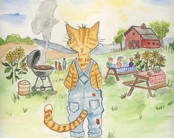 Orange Tabby Cat at BBQ With Friends  Watercolor Print, Whimsical Feline Art by Claudia Buchanan