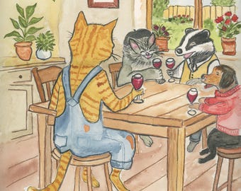 Orange Tabby Cat Hosting wine With Friends  Watercolor Print, Whimsical Feline Art by Claudia Buchanan