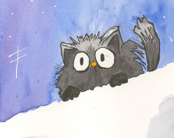 Snow Kittie Watercolor Print by Claudia Buchanan, Whimsical Cat Art, DarkGrey Cat