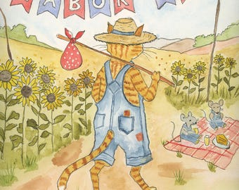 Orange Tabby Cat Celebrating Labor Day With Friends  Watercolor Print, Whimsical Feline Art by Claudia Buchanan