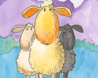 Three Little Sheep Watercolor Print by Claudia Buchanan, Whimsical Art Sheep