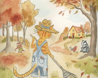 Orange Tabby  Cat Raking Fall Leaaves Watercolor Print, Whimsical Feline Art by Claudia Buchanan