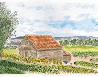 Sonoma County Barn Watercolor Print by Claudia Buchanan.  100% Cotton Fine Art Paper