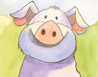 Sweet Pig Watercolor Print by Claudia Buchanan, Whimsical Pig Art
