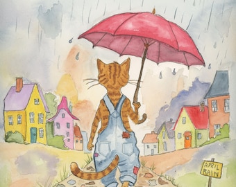 Orange Tabby Cat April Showers   Watercolor Print, Whimsical Feline Art by Claudia Buchanan