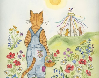 Orange Tabby Cat Stanley's May Day With May Field Of Flowers  Watercolor Print, Whimsical Feline Art by Claudia Buchanan