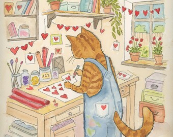 Orange Tabby Cat Stanley's Cozy Craft Studio  Watercolor Print, Whimsical Feline Art by Claudia Buchanan
