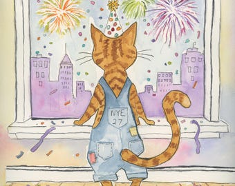 Orange Tabby Cat  Stanley' Rings In A New Year!  Watercolor Print, Whimsical Feline Art by Claudia Buchanan