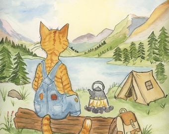 Orange Tabby Cat Camping By The Lake  Watercolor Print, Whimsical Feline Art by Claudia Buchanan