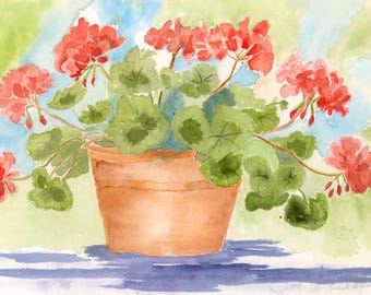 Summer Gerainiums Watercolor Print by Claudia Buchanan.  100% Cotton Fine Art Paper