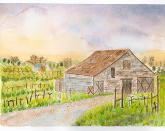 Wine Country  Watercolor Print by Claudia Buchanan.  100% Cotton Fine Art Paper