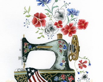 5x7 Inch Greeting Cards - SEWING IN AMERICA - Watercolor Print From Original by Claudia Buchanan