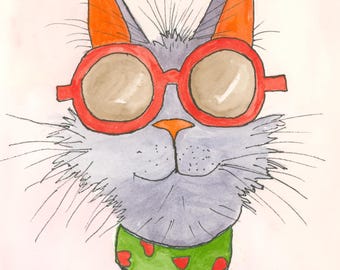 Whimsical Blue-Gray Cat Watercolor Print, Sunglasses, Claudia Buchanan Art