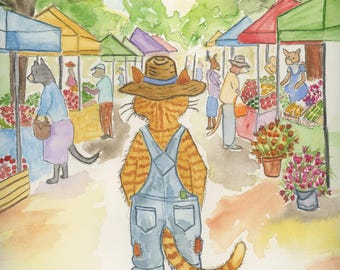 Orange Cat at Farmers Market  Watercolor Print, Whimsical Feline Art by Claudia Buchanan
