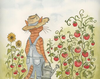 Orange Tabby Cat Watering Garden Tomatoes  Watercolor Print, Whimsical Feline Art by Claudia Buchanan
