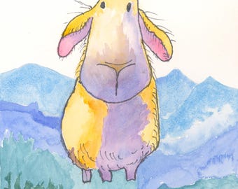 Mountain Sheep Watercolor Print by Claudia Buchanan, Whimsical Sheep Art