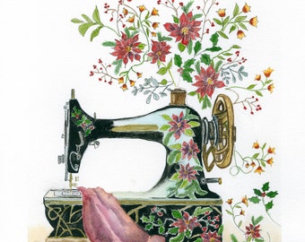 Holiday Sewing Machine - Watercolor Print From Original by Claudia Buchanan Signed & Numbered Limited Edition