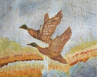 Ducks In Flight Wall Hanging - Fiber Art Quilt  19"x20"