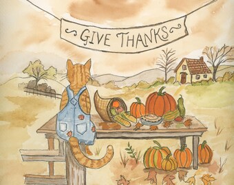 Orange Tabby Cat Giving Thanks With  Watercolor Print, Whimsical Feline Art by Claudia Buchanan