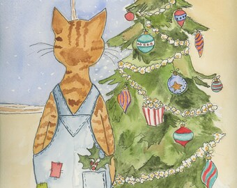 Orange Tabby Cat Stanley's Favorite Time of Year  Watercolor Print, Whimsical Feline Art by Claudia Buchanan