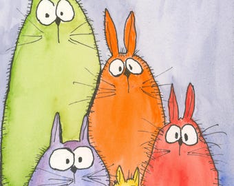 Funny Bunnies Watercolor Print by Claudia Buchanan, Whimsical Bunny ArtRabit Art