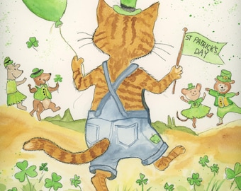 Orange Tabby Cat  Stanley's Got the Luck of the Irish!  Watercolor Print, Whimsical Feline Art by Claudia Buchanan