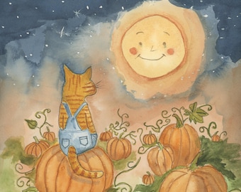 Orange Tabby Cat Meowing At The Harvest Moon  Watercolor Print, Whimsical Feline Art by Claudia Buchanan