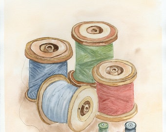 Antique Thread Spools - Watercolor Print From Original by Claudia Buchanan Signed & Numbered Limited Edition