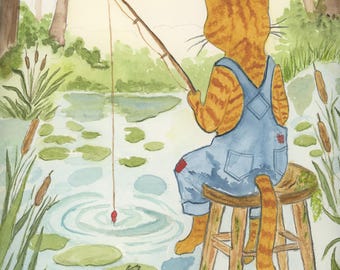 Orange Tabby Cat Fishing At The Pond  Watercolor Print, Whimsical Feline Art by Claudia Buchanan