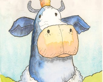 Royal Bull  Watercolor Print by Claudia Buchanan, Whimsical Bull