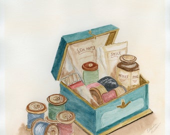 Antique Sewing Box  - Watercolor Print From Original by Claudia Buchanan Signed & Numbered Limited Edition