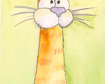 Orange Cat Watercolor Print, Whimsical Feline Art by Claudia Buchanan