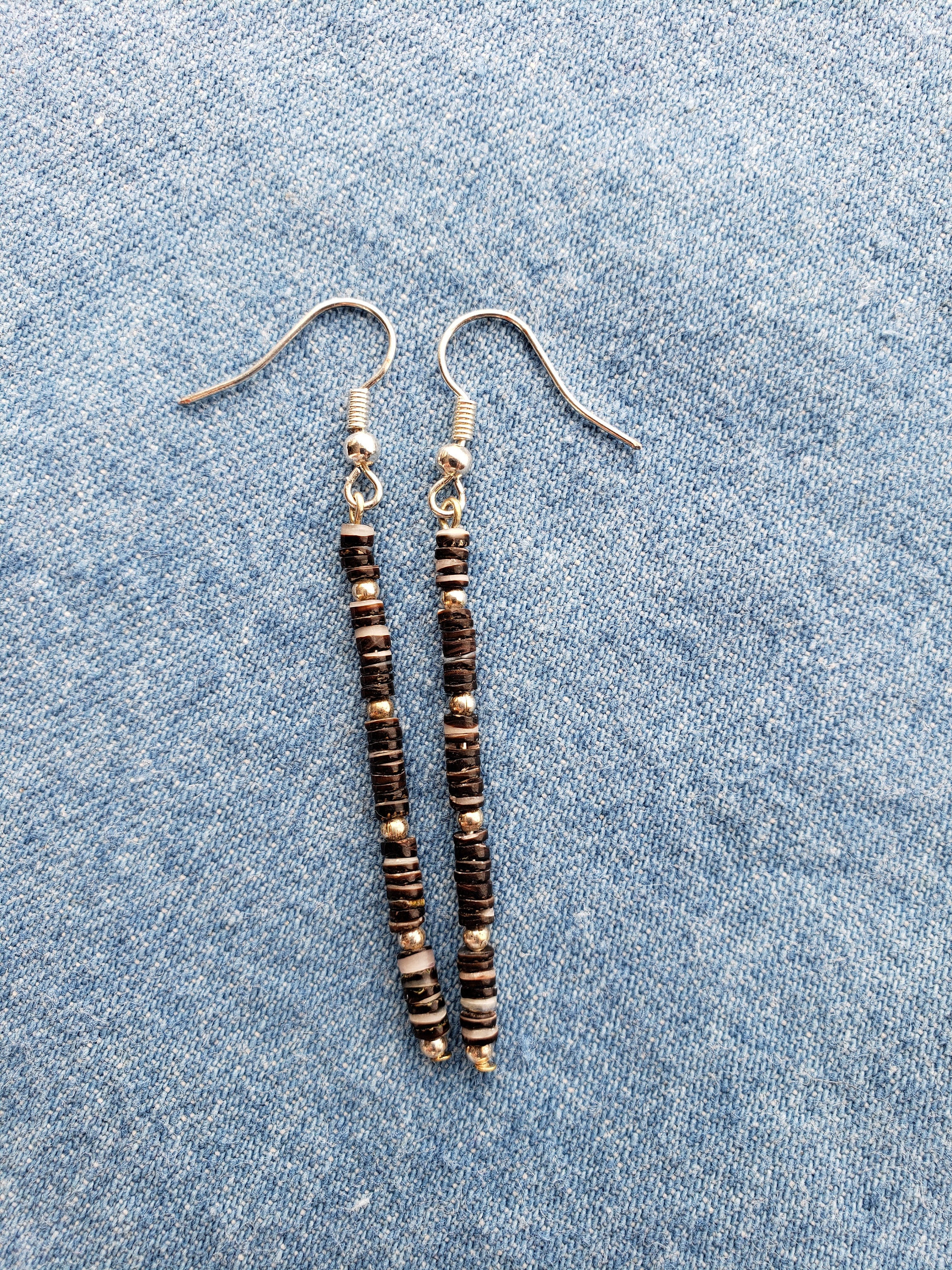 Free Shipping Black Vintage Heishi Dangle Earrings with Tiny Silver Beads