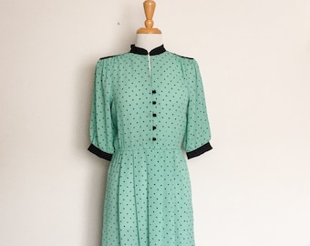 1980s Green Black Polka Dot Day Dress Vintage
