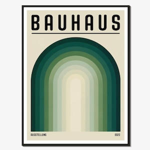 May include: Bauhaus art print with a green arch design in various shades of green. The word "BAUHAUS" is printed in bold black letters above the arch, with "AUSSTELLUNG" and "1923" printed below.