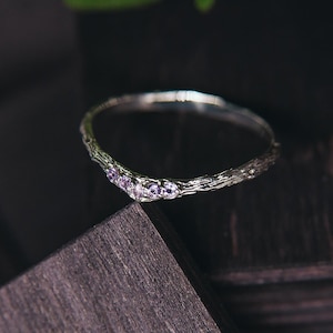 May include: A silver wedding band with a twig design and small purple gemstones. The ring is on a dark wooden surface.