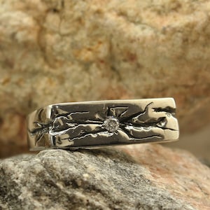 Diamond mens heavy ring, Cracked silver ring, Unusual square band, Thundered mens wedding band, Heavy silver wedding ring, Gift for him