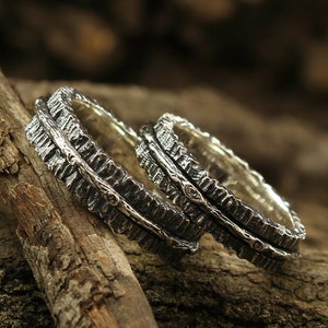 Rustic his and her wedding bands, Unique tree wedding rings set, Durable wedding bands, Unusual sterling silver bands, Matching heavy rings