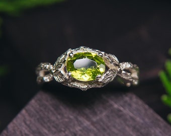 Oval Peridot Engagement Ring Tree and Leaves Sterling Silver Nature inspired Solitaire