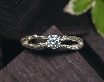 Dainty Split Tree White Stone Engagement Ring Sterling Silver Branch with Cubic Zirconia