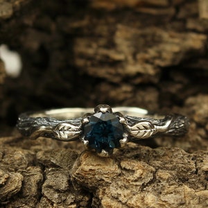 Topaz twig silver ring, Branch and leaves engagement ring, London Blue Topaz ring, Womens tree bark ring, Leaf and tree ring, Fiancee gift