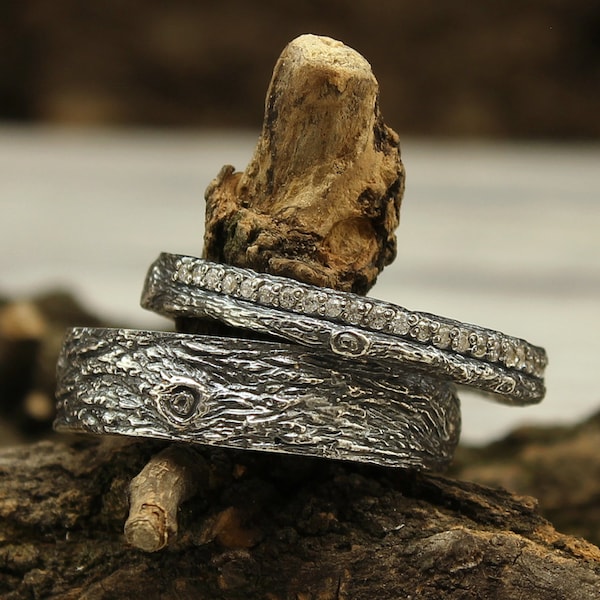 Baumrinde Ring-Set, Wald-Silberringe, Silberringe, Baumrindenringe, Silberschmuck, Partnerringe, Silberschmuck, Baumrindenringe
