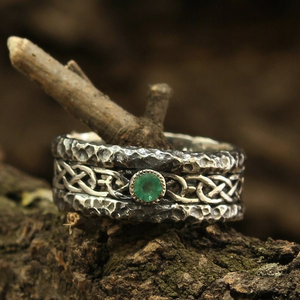 Hammered antique style sterling silver celtic wedding band with emerald for women or men