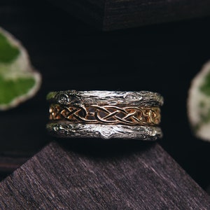 Celtic Gold Ring & Wood Silver Ring in One Unique Ring - Mixed Metal Ring Celtic Style - Handmade Jewelry Two Tone - Gift for Groomsmen