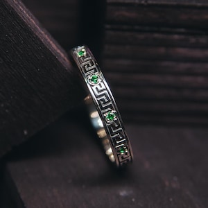 Greek Key Ring Sterling Silver with Delicate Emeralds for Her - Gemstone Vintage Emerald Ring Greek Tile - May Birthstone Ring for Women