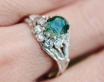 Tree Branch Moss Agate Halo Engagement Ring Silver Shiny Finish, Exclusive Forest Crown Twig Ring Oval Agate Green Gem and White Diamonds CZ